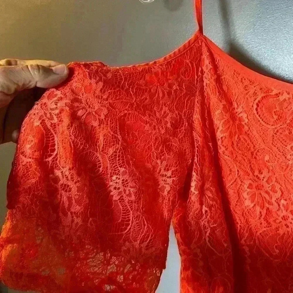 Salmon Colored Lace-Over Blouse Peekaboo Shoulders and Spaghetti Straps - Picture 2 of 4